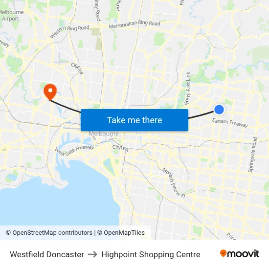 Westfield Doncaster to Highpoint Shopping Centre map