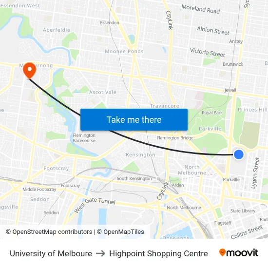 University of Melboure to Highpoint Shopping Centre map