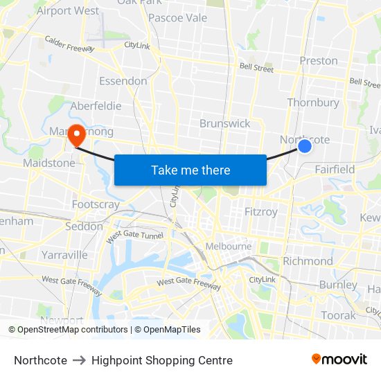 Northcote to Highpoint Shopping Centre map