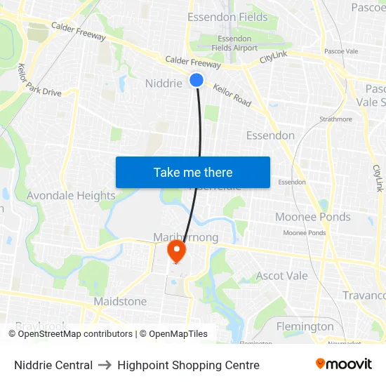 Niddrie Central to Highpoint Shopping Centre map
