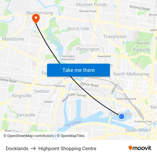Docklands to Highpoint Shopping Centre map