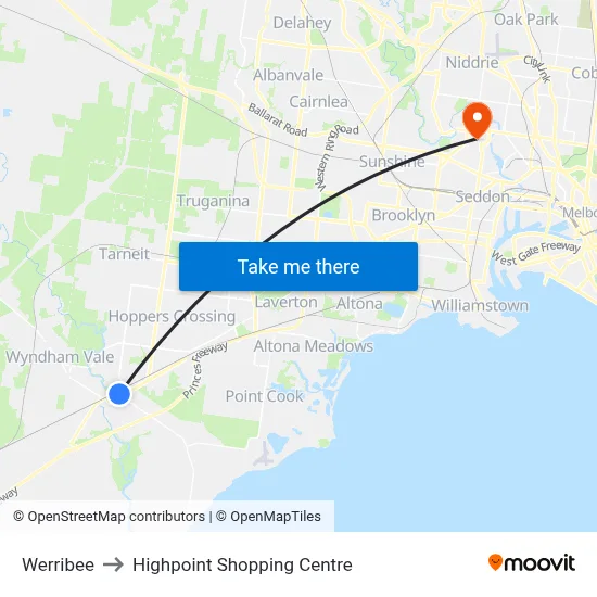 Werribee to Highpoint Shopping Centre map