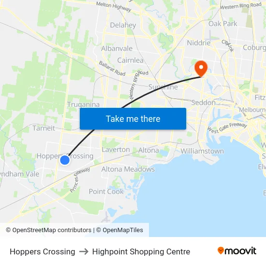 Hoppers Crossing to Highpoint Shopping Centre map