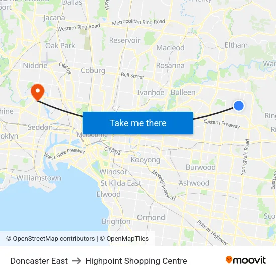 Doncaster East to Highpoint Shopping Centre map