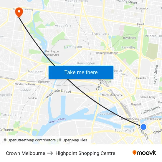 Crown Melbourne to Highpoint Shopping Centre map