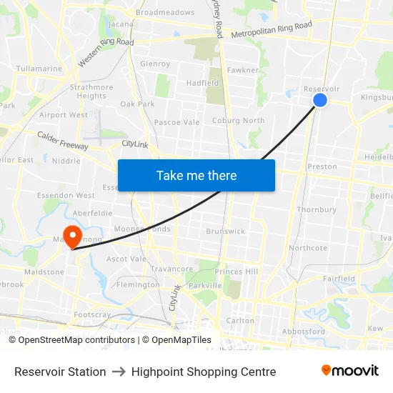 Reservoir Station to Highpoint Shopping Centre map