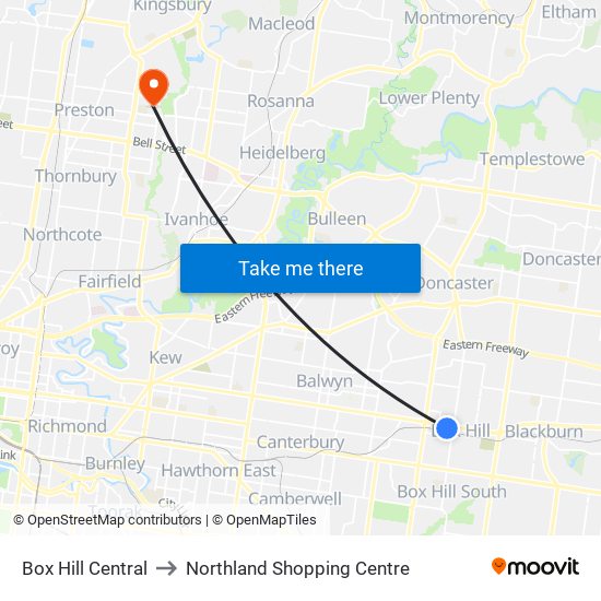 Box Hill Central to Northland Shopping Centre map