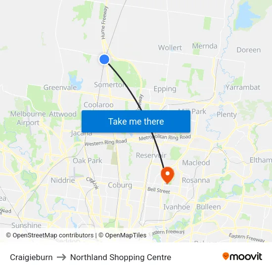 Craigieburn to Northland Shopping Centre map
