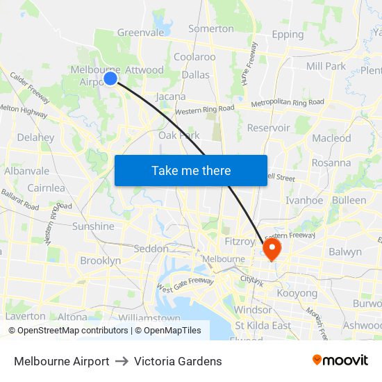 Melbourne Airport to Victoria Gardens map