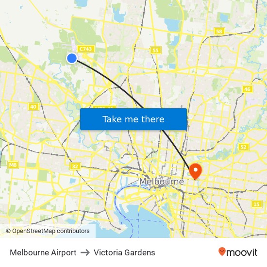 Melbourne Airport to Victoria Gardens map