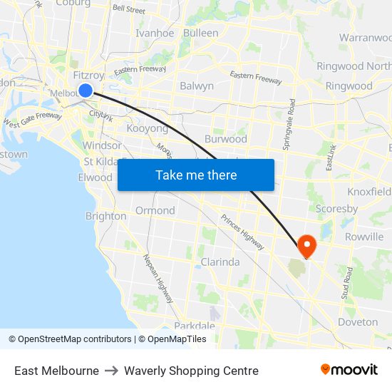 East Melbourne to Waverly Shopping Centre map
