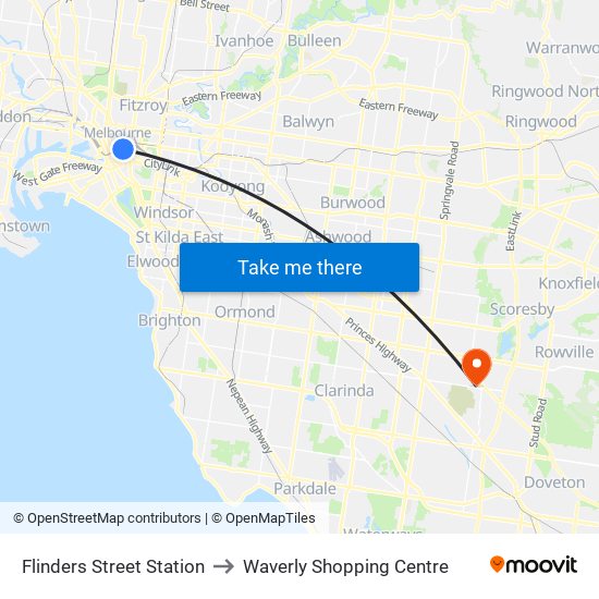 Flinders Street Station to Waverly Shopping Centre map