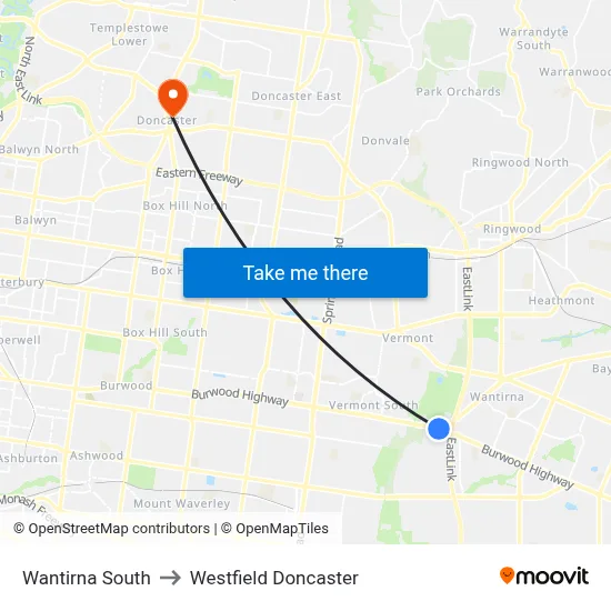 Wantirna South to Westfield Doncaster map