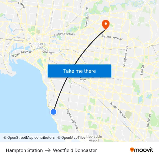 Hampton Station to Westfield Doncaster map