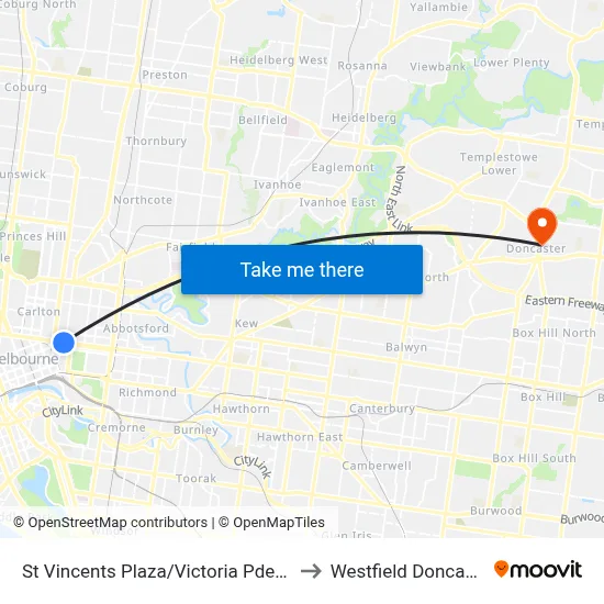 St Vincents Plaza/Victoria Pde #12 to Westfield Doncaster map