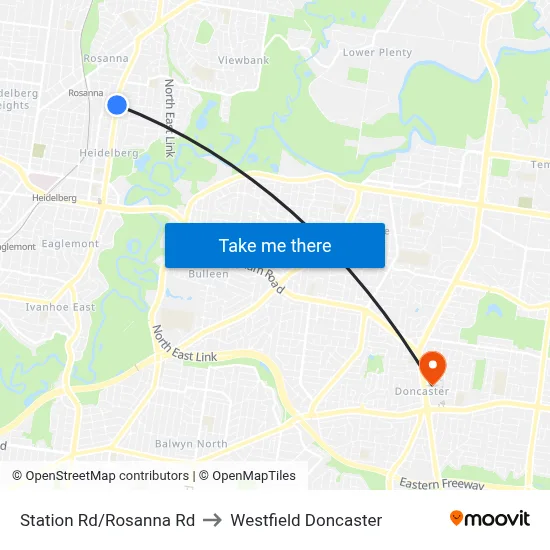 Station Rd/Rosanna Rd to Westfield Doncaster map