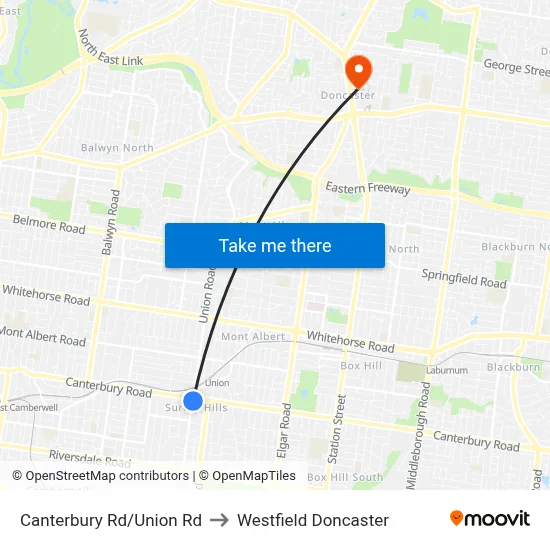 Canterbury Rd/Union Rd to Westfield Doncaster map