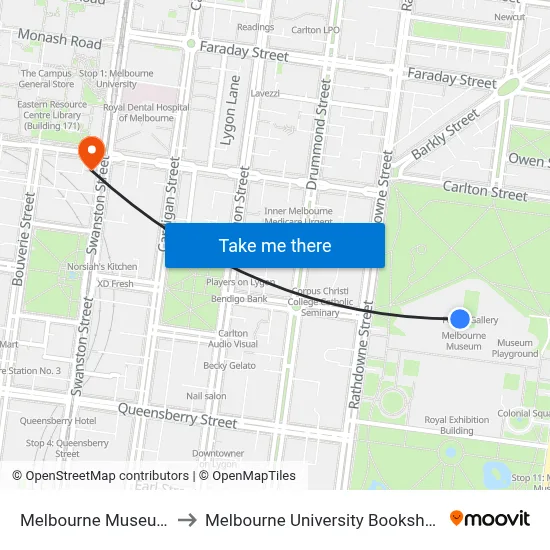 Melbourne Museum to Melbourne University Bookshop map