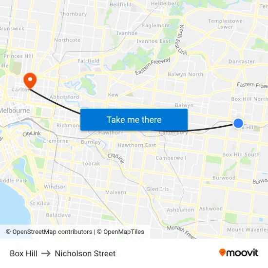 Box Hill to Nicholson Street map