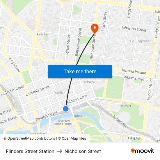 Flinders Street Station to Nicholson Street map