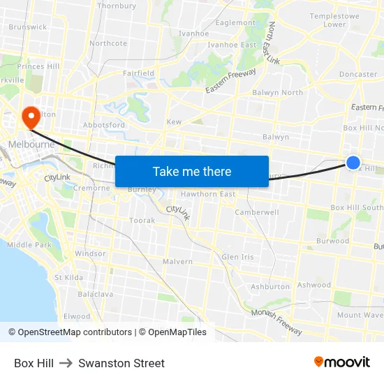 Box Hill to Swanston Street map