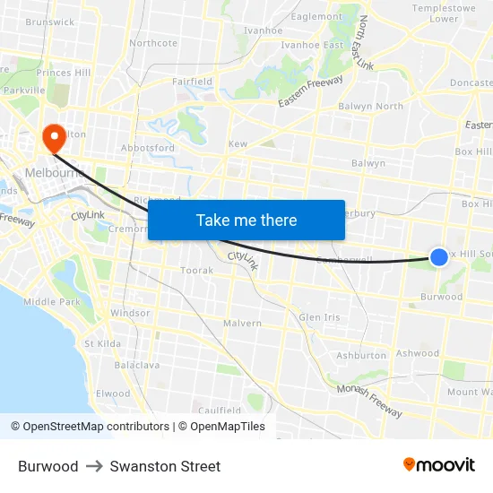 Burwood to Swanston Street map