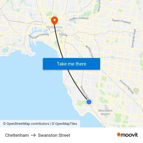 Cheltenham to Swanston Street map