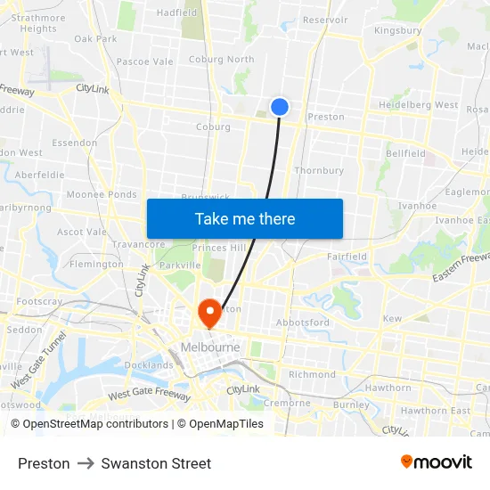 Preston to Swanston Street map