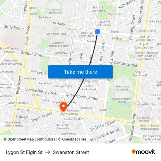 Lygon St Elgin St to Swanston Street map