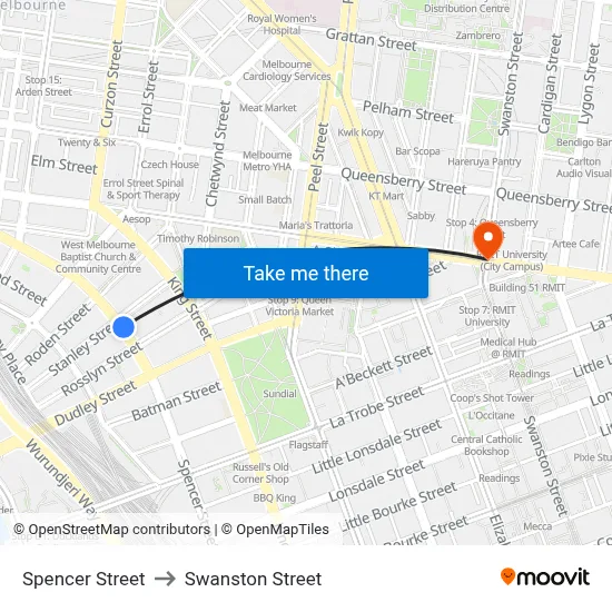 Spencer Street to Swanston Street map