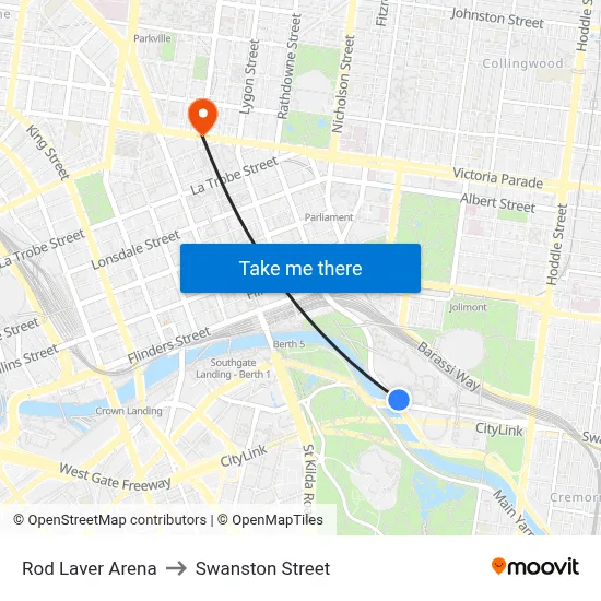 Rod Laver Arena to Swanston Street map