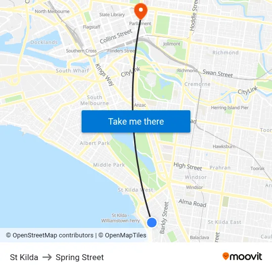 St Kilda to Spring Street map