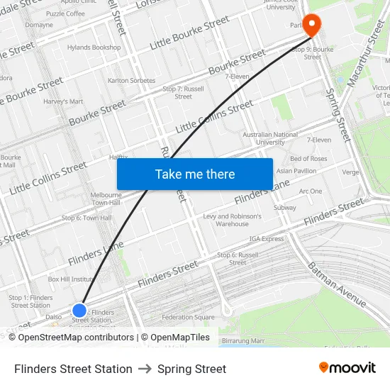 Flinders Street Station to Spring Street map