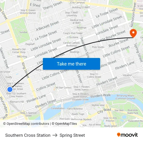 Southern Cross Station to Spring Street map