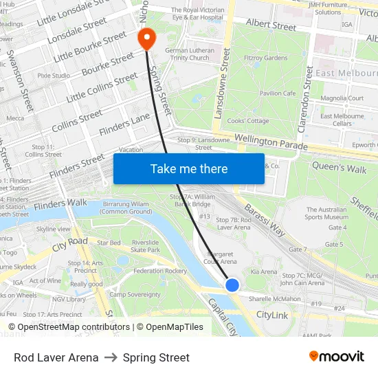 Rod Laver Arena to Spring Street map