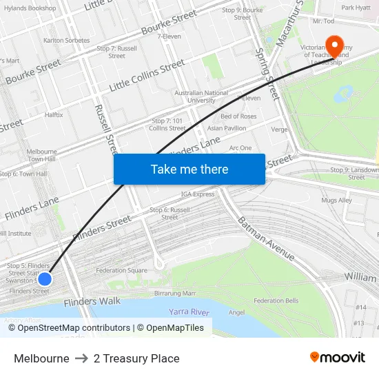Melbourne to 2 Treasury Place map