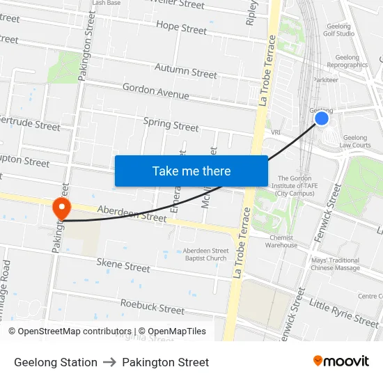 Geelong Station to Pakington Street map