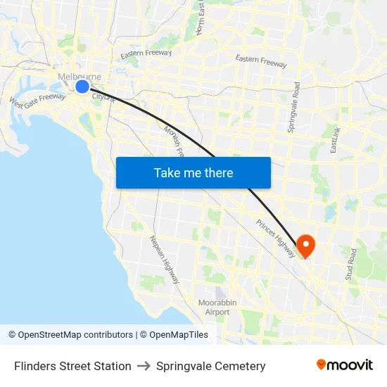 Flinders Street Station to Springvale Cemetery map