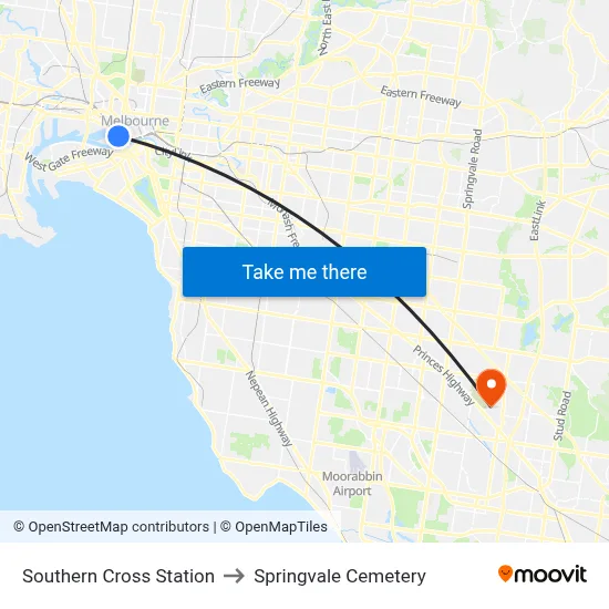 Southern Cross Station to Springvale Cemetery map