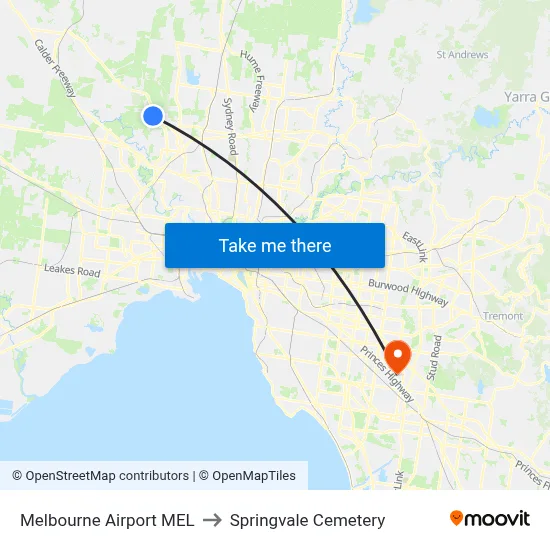 Melbourne Airport MEL to Springvale Cemetery map