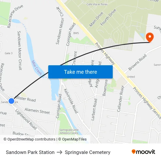 Sandown Park Station to Springvale Cemetery map