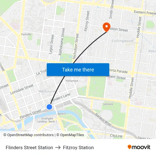 Flinders Street Station to Fitzroy Station map