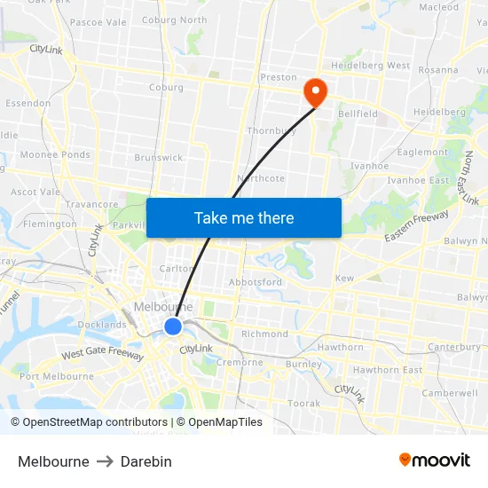 Melbourne to Darebin map