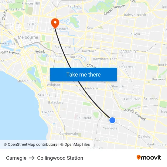 Carnegie to Collingwood Station map