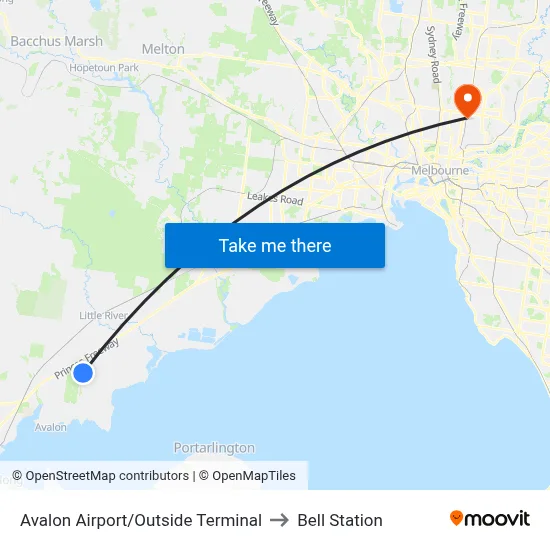 Avalon Airport/Outside Terminal to Bell Station map