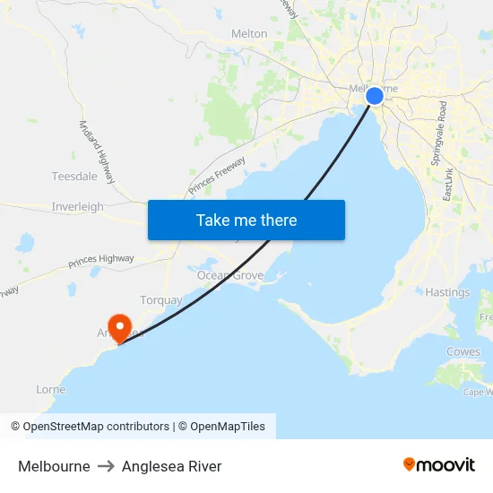 Melbourne to Anglesea River map