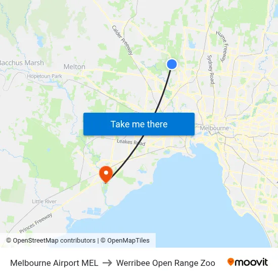 Melbourne Airport MEL to Werribee Open Range Zoo map
