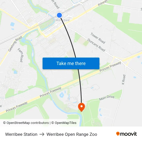 Werribee Station to Werribee Open Range Zoo map