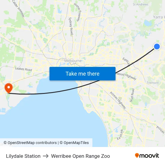 Lilydale Station to Werribee Open Range Zoo map