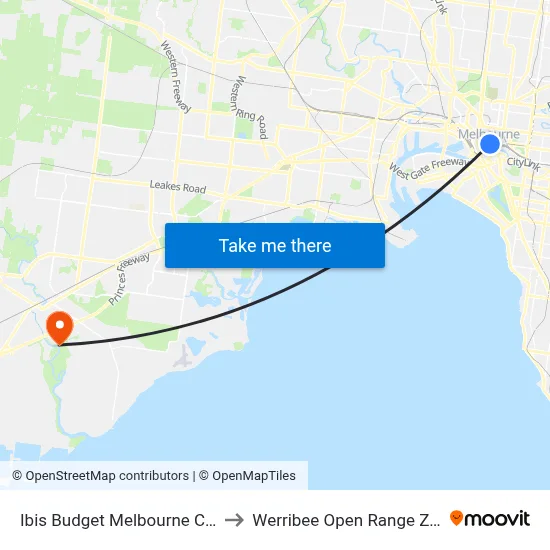 Ibis Budget Melbourne Cbd to Werribee Open Range Zoo map